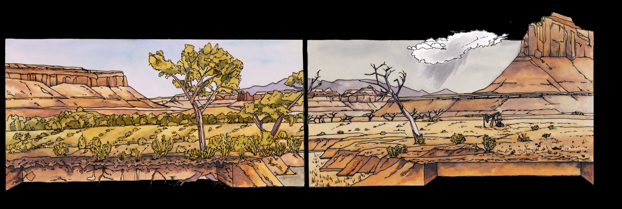 A graphic comparing healthy biocrust, with green plants, to no biocrust, with dead trees, shrubs and grass and dust clouds..